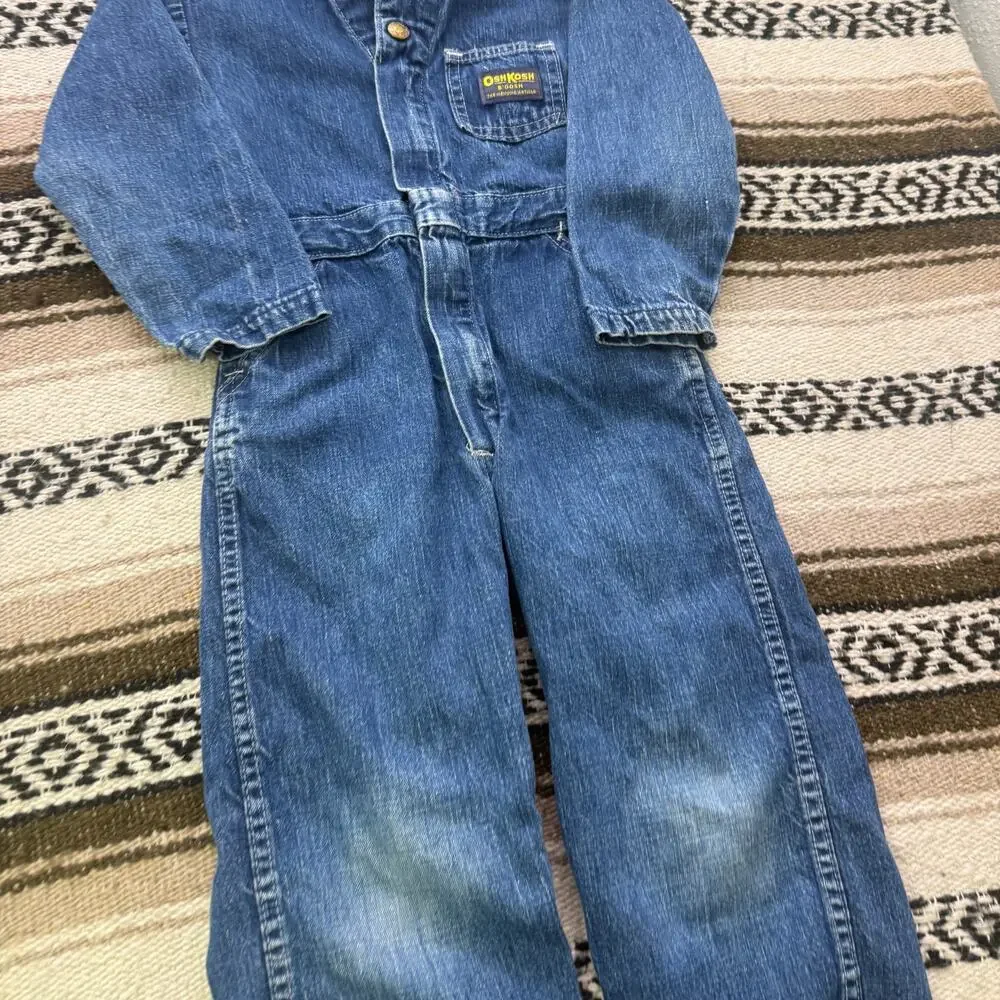 Youth Kids Vintage 80's Oshkosh B'Gosh Blue Jean Denim Coveralls Jumpsuit Sz S